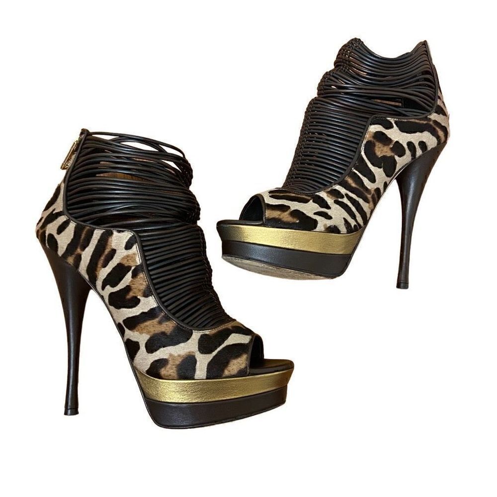Versace Leopard Print Calf Hair Caged Heel Booties Size 39
